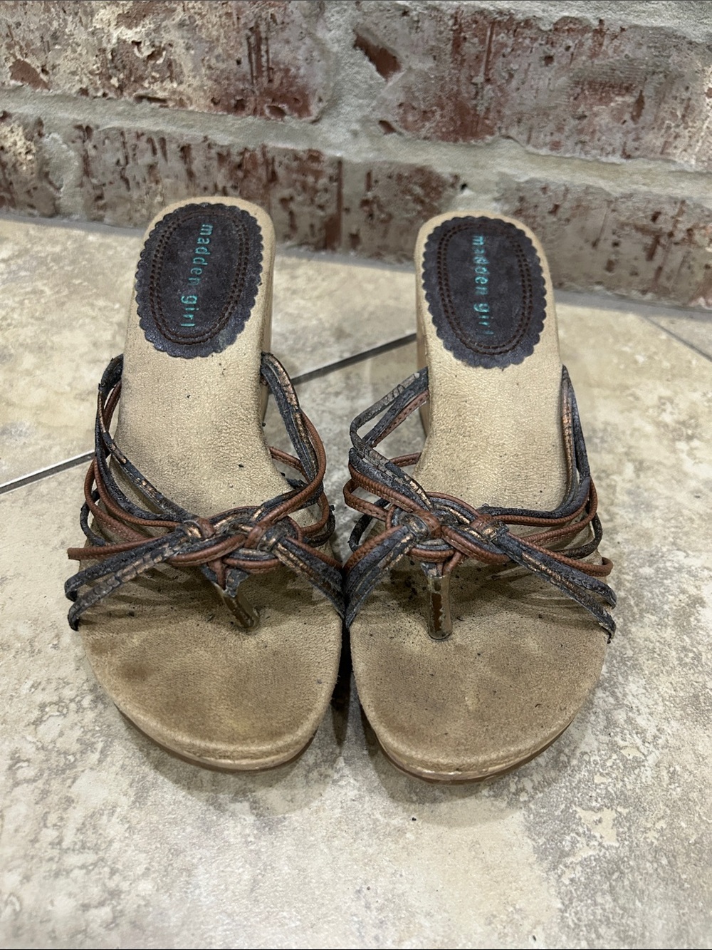 Madden Girl Brown & Tan Strappy Knot Mule Wedges 7M
